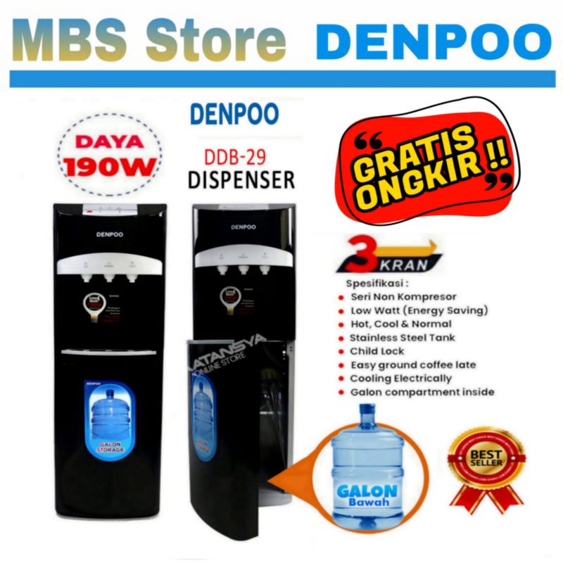 Jual Dispenser Denpoo Low Watt 190w Galon Bawah Pipa Stainless Steel Ddb 29 Hitam Shopee 8171