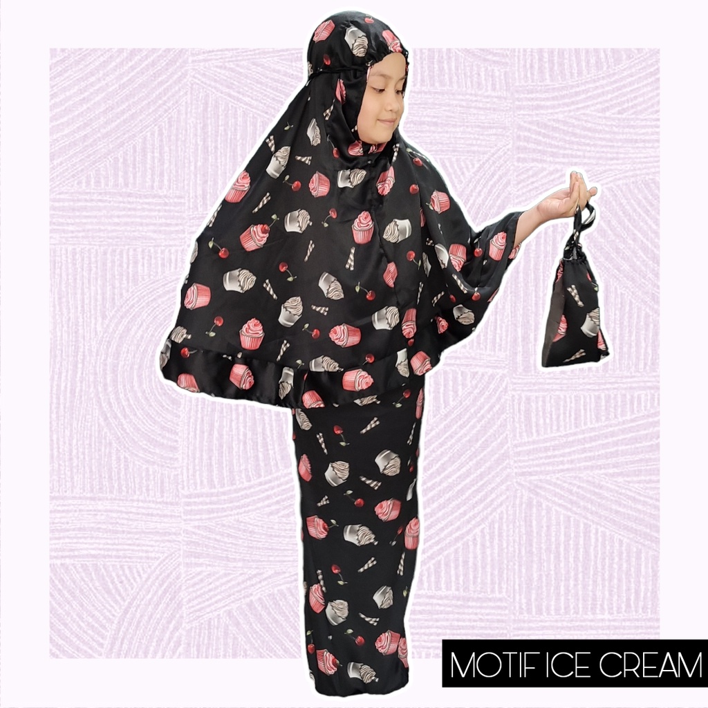 MUKENA ANAK 5-7 TH SATIN SUTRA MOTIF ICE CREAM FREE POUCH / MUKENA MOTIF /  MUKENA COD