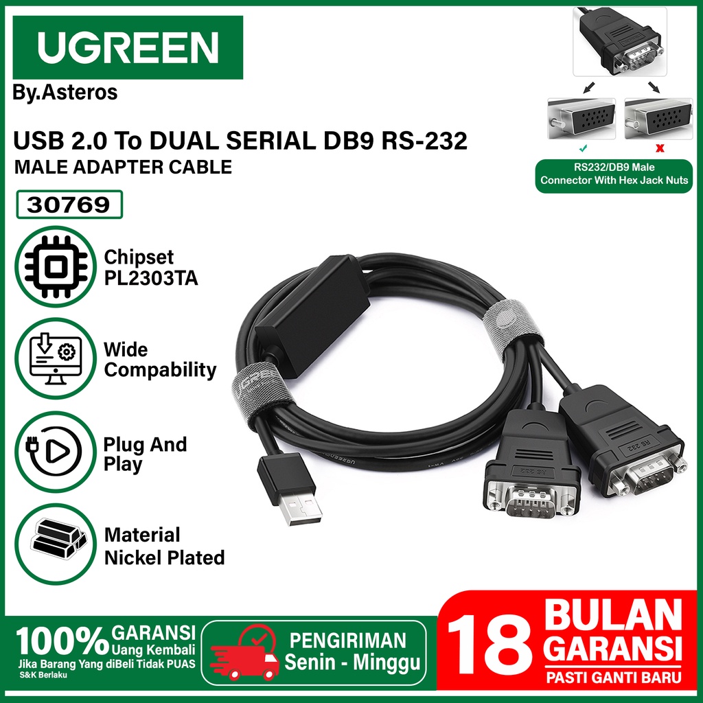 UGREEN Kabel USB 2.0 To Dual Serial RS232 DB9 Male Premium Quality