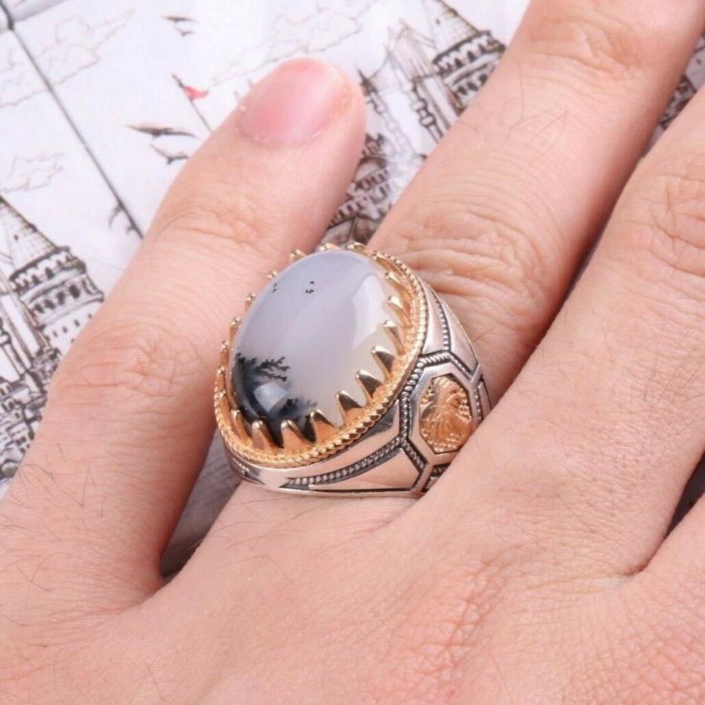 Gaya Vintage Batu Putih Zirkon Pohon Kelapa Perak Berlapis Emas Baja Titanium Pria Punk Fashion Perhiasan Aksesoris Pernikahan Pertunangan Rings