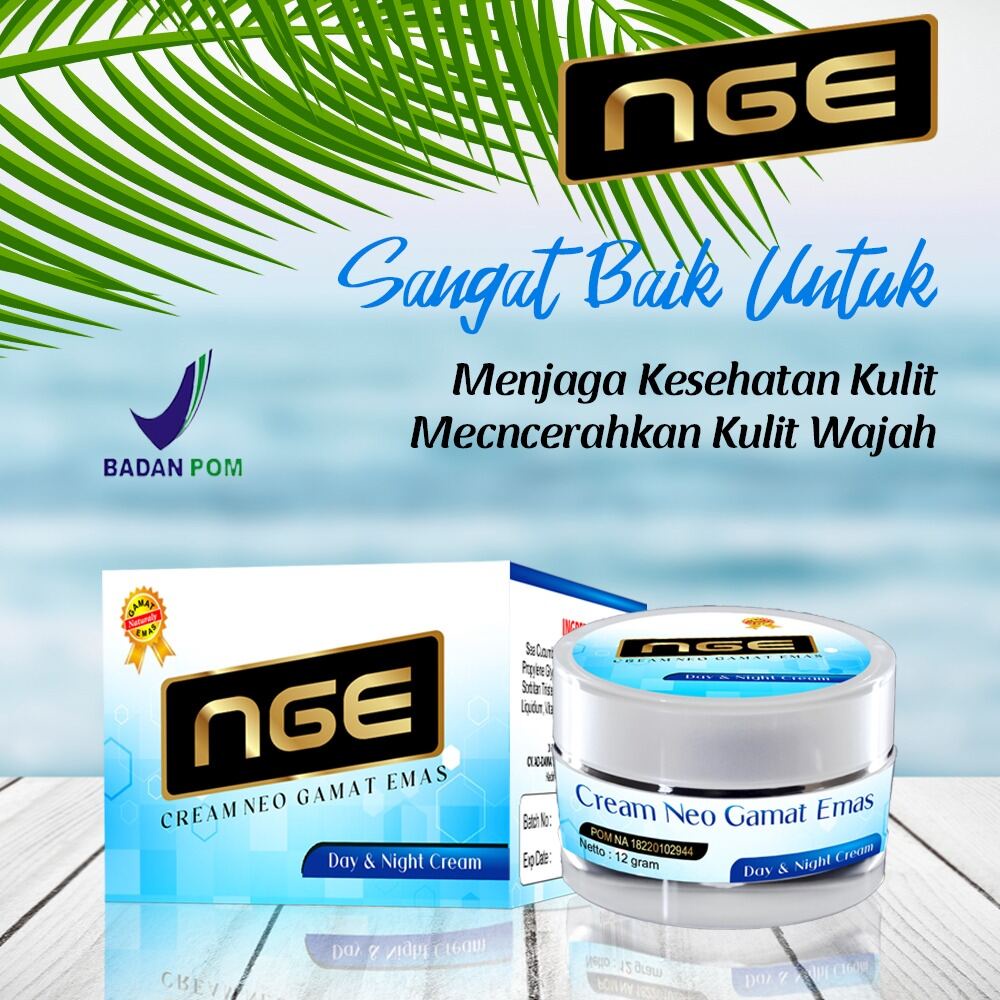 Cream Wajah Neo Gamat Emas (NGE) 12 g Menjadikan kulit wajah sehat, halus, segar, awet muda &amp; alami. Mengaktifkan pertumbuhan dan aktifitas sel-sel kulit. Berperan baik dalam Menghilangkan noda bekas luka Membuat kulit cerah dan tampak lebih putih. Memban