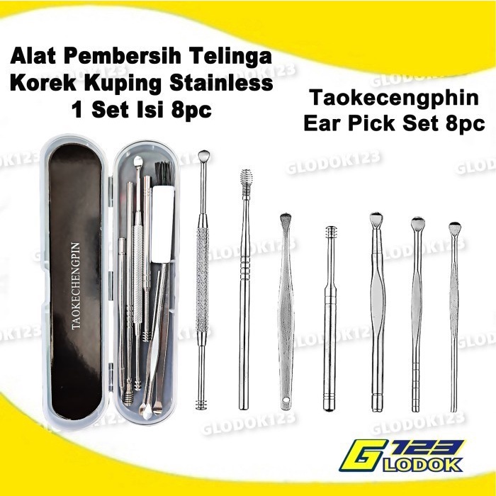 Pembersih Telinga 8Pcs/Set Alat Pembersih Telinga Korek Kuping Telinga Stainless Steel