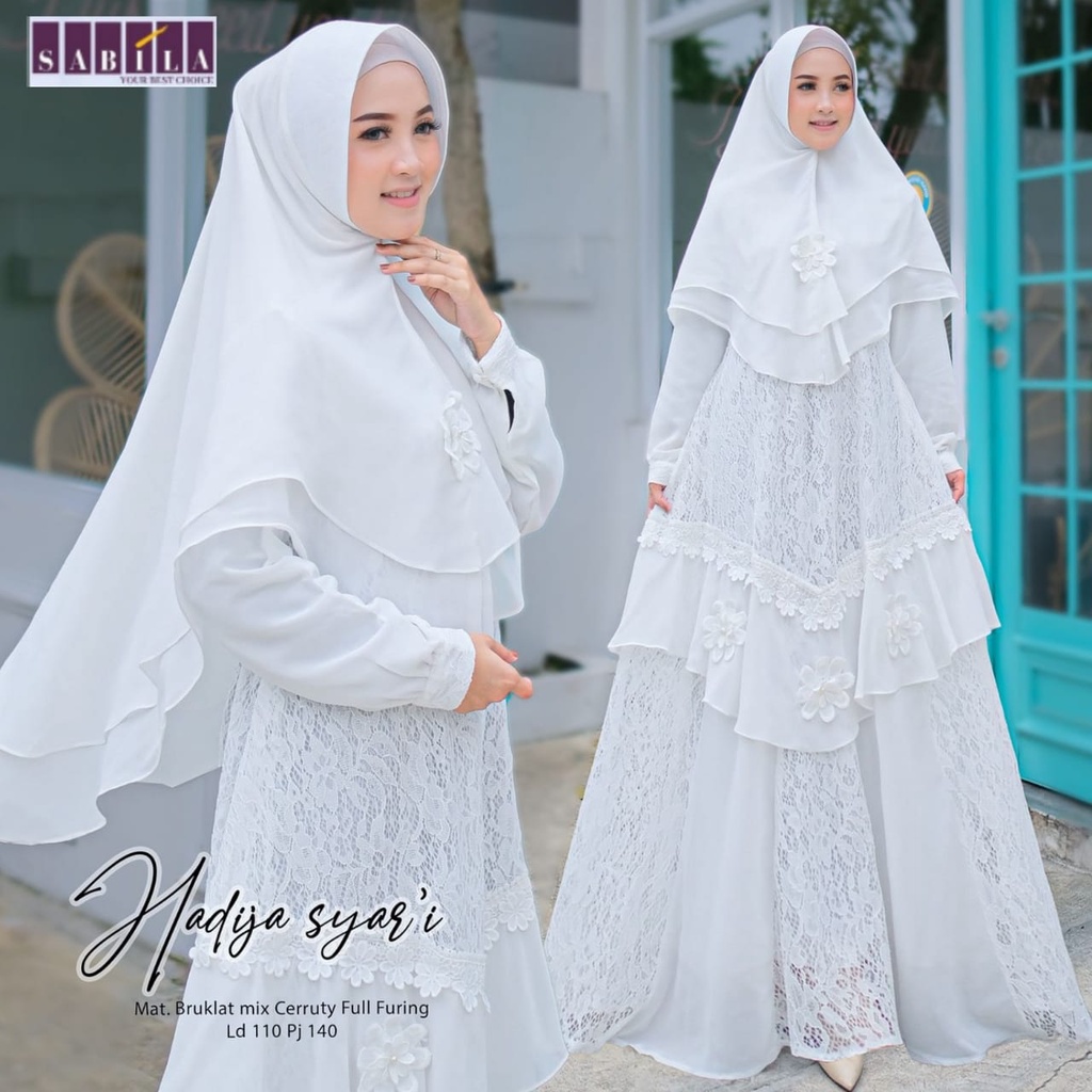 HADIJA SYARI GAMIS WANITA MUSLIMAH WARNA PUTIH BERSIH LEBARAN 2022 MOTIF BUNGA TERBARU CANTIK LD 110