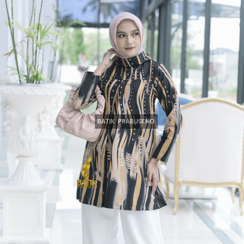 Atasan Tradisional Batik Prabuseno Original Motif BINAR HITAM Tunik Batik Wanita Lengan Panjang Model kekinian stylish dan elegan cocok buat kerja ngantor dan kondangan.