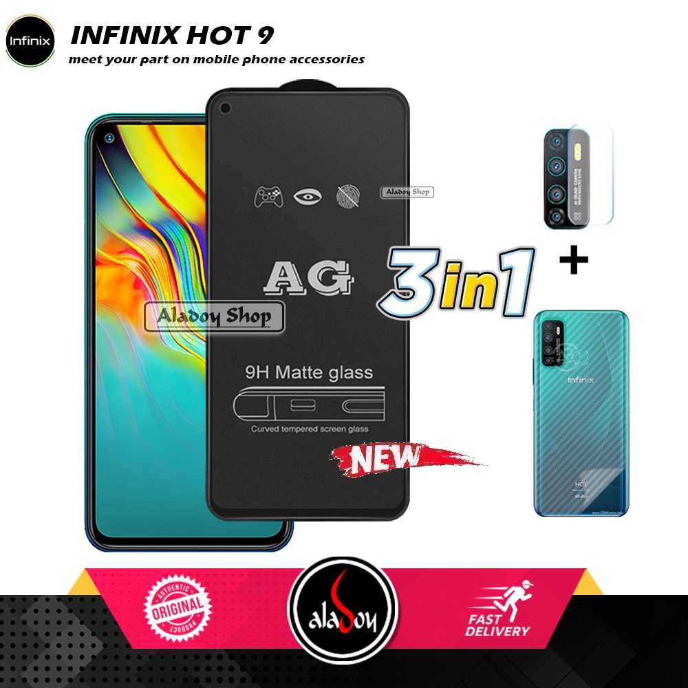 Paket 3IN1 Tempered Glass Layar Matte Anti Glare Infinix Hot 9 Free Tempered Glass Camera dan Skin Carbon