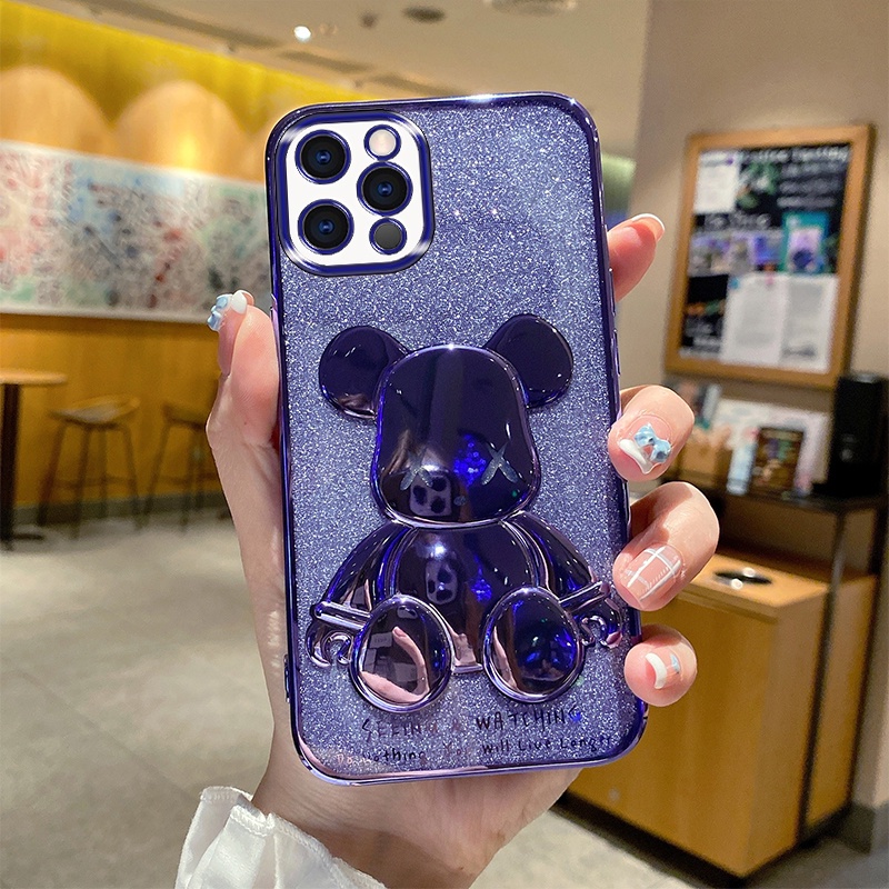 Luxury 6D electroplated TPU protective case is suitable for iphone 11 12 13 pro max XR X XS max TPU flash drill violent bear anti-fall soft shell