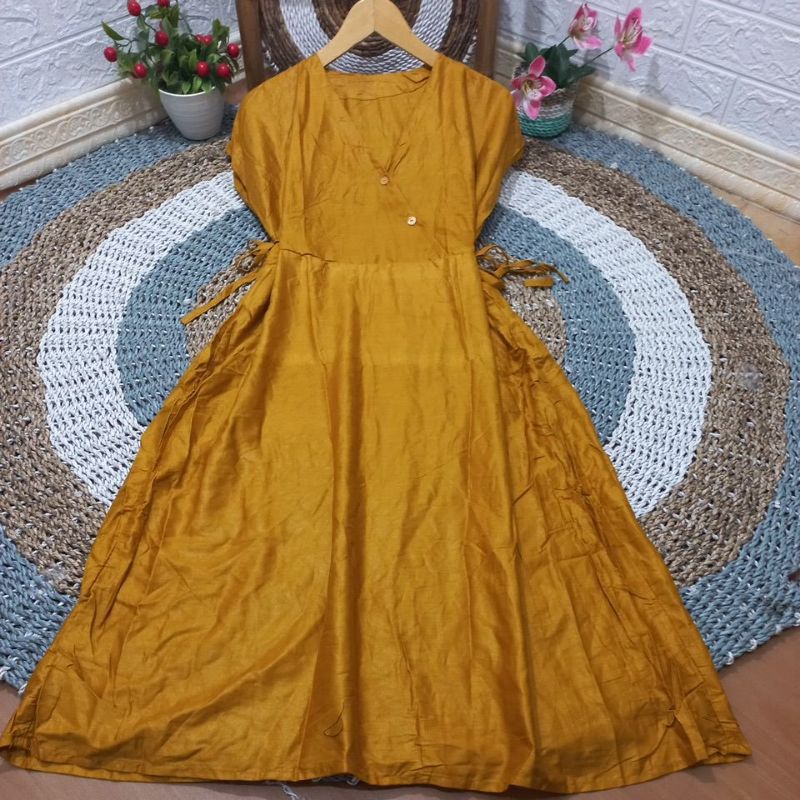 DRESS KIMONO VANESA TERBARU/DRESS MOTIF TERLARIS-Polos kuning