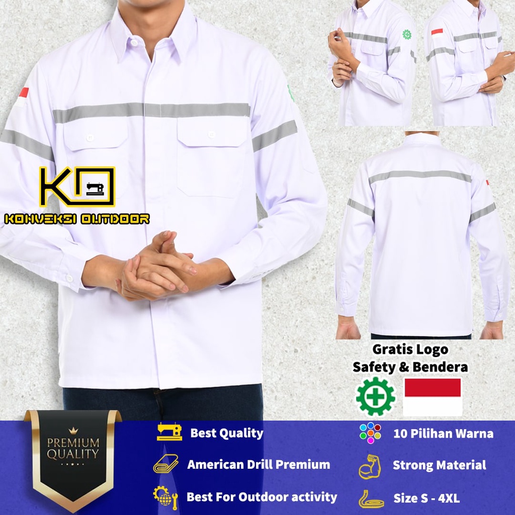 BAJU KEMEJA SAFETY WEARPACK K3 OUTDOOR PREMIUM LENGAN PANJANG - Seragam Proyek Pria Kerja Lapangan Bangunan Tambang Alat Berat PLN Enginer Instalasi Mesin Warepack Werpak Werpack Warepak Warpack Warpak Teknisi scotlet Warna Putih Konveksi Outdoor