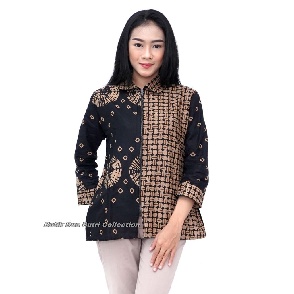 Batik Wanita Atasan Blouse Lengan Panjang Resleting Depan Busui Batik Dua Putri Collection