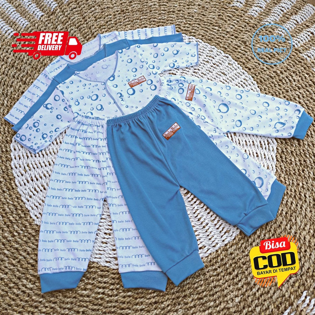 SALE 7.7 Serian Biru - 3 Stel Setelan Baju Bayi Tangan Panjang Celana Panjang Bayi 0 sd 3 Bulan BLUE SEA SERIES merk SNI Bolo - Bolo