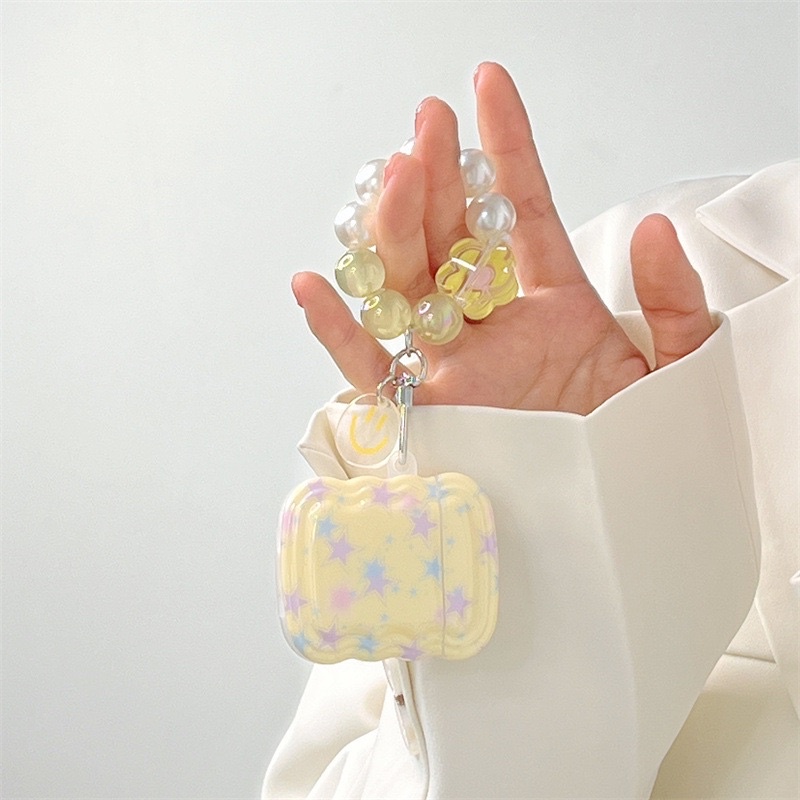 Pastel Yellow Star with Pearl Flower Chain Softcase for Airpods 1 2 Pro 3 Case Airpods Inpods TWS