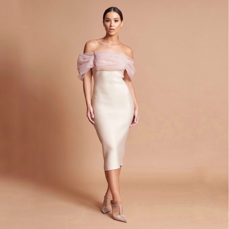 CARLA GOWN - Dress pesta wanita off shoulder sabrina elegant satin big size jumbo ukuran besar midi 