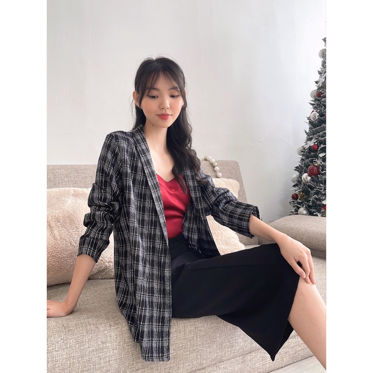 Kadaka O-0171 Plaid Tweed Blazer Korean Style