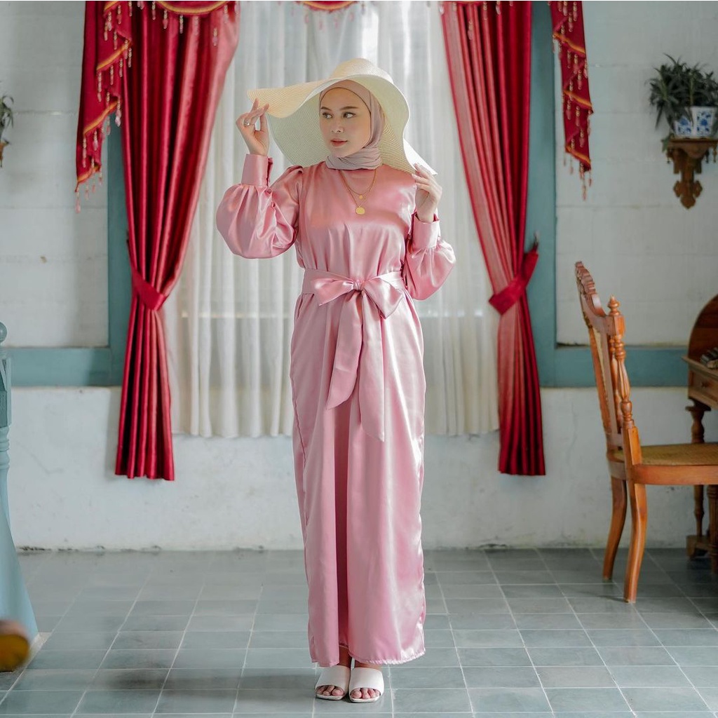 Tiara Silk Dress Polos Lengan Panjang Long Dress Satin Silk