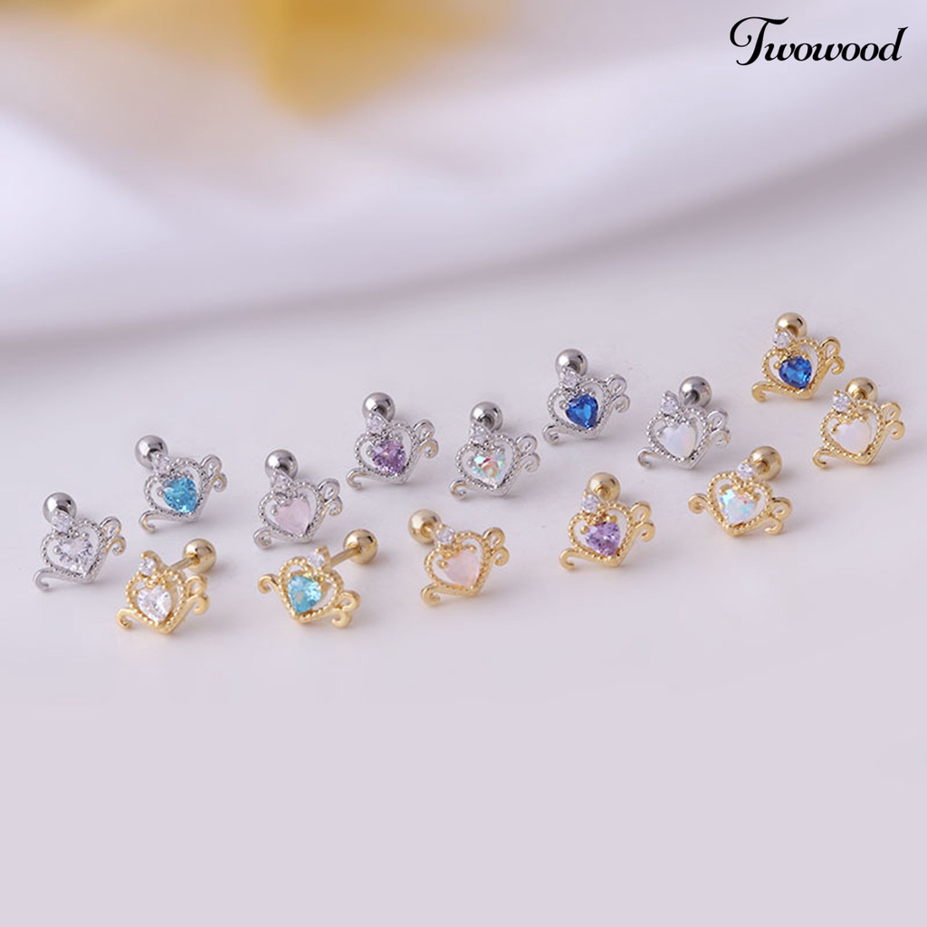 1 Pc Anting Stud Cubic Zirconia Bentuk Hati Model Hollow Untuk Wanita