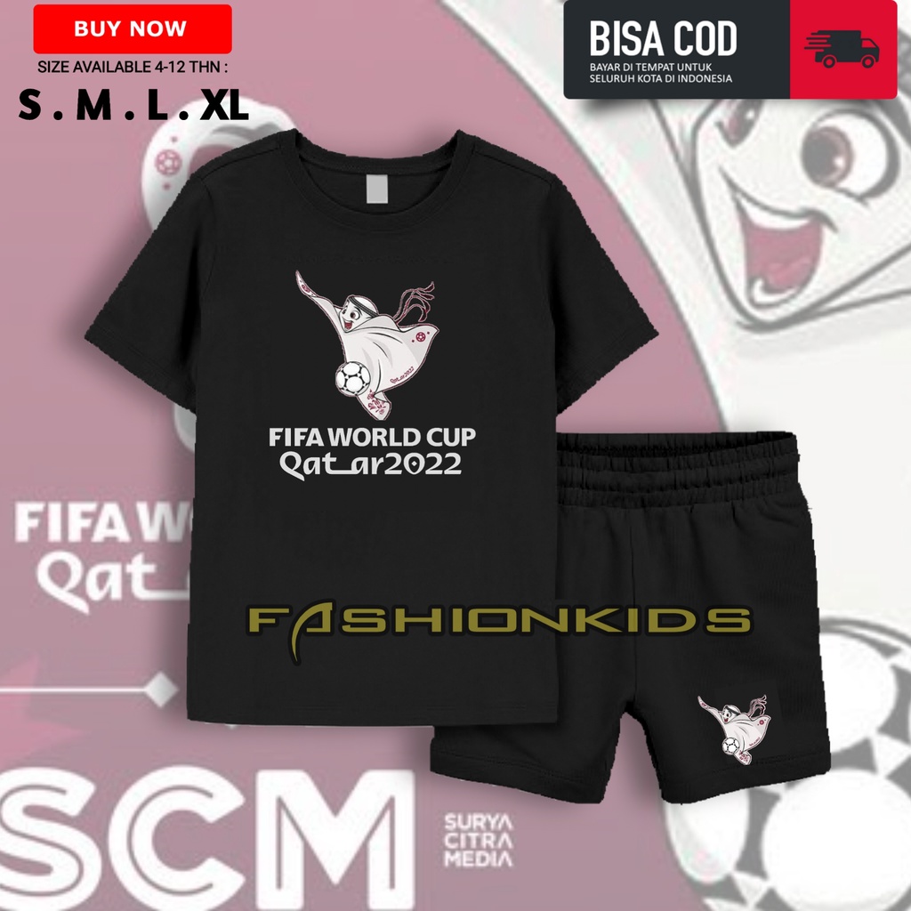 Setelan Anak Piala Dunia Qatar 2022 / Setelan Anak Kaos Celana Anak World Cup Qatar 2022 Maskot