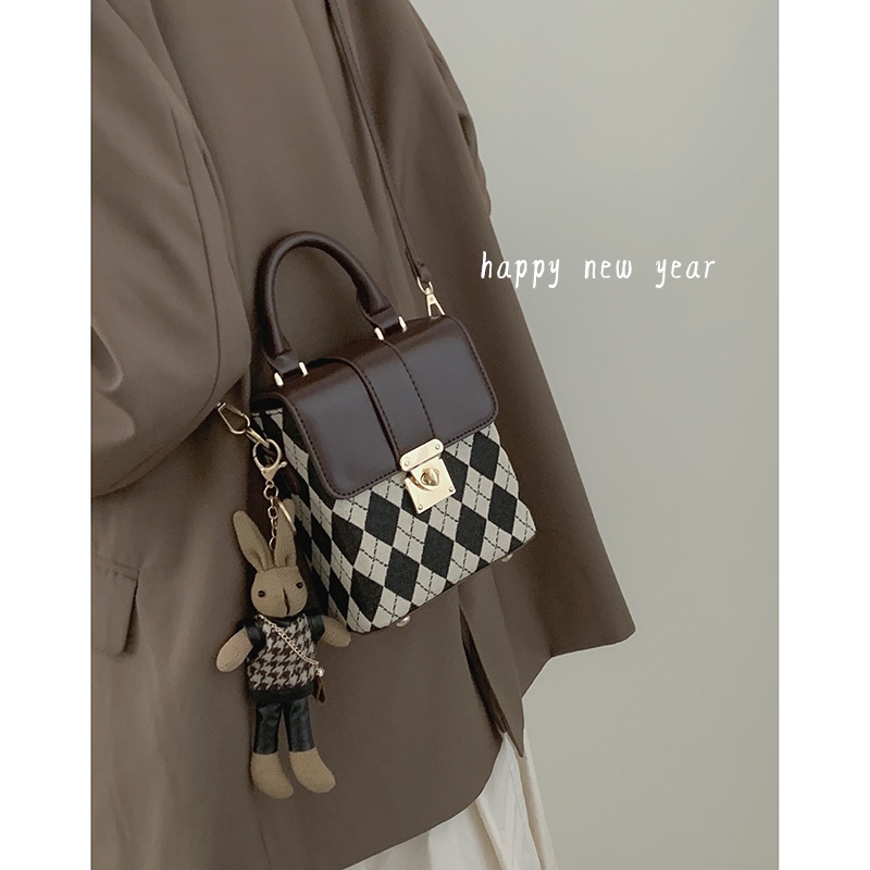 Suhao tas tangan wanita 2021 baru trendi fashion retro kotak-kotak rantai tas kotak kecil all-match tas messenger bahu ins