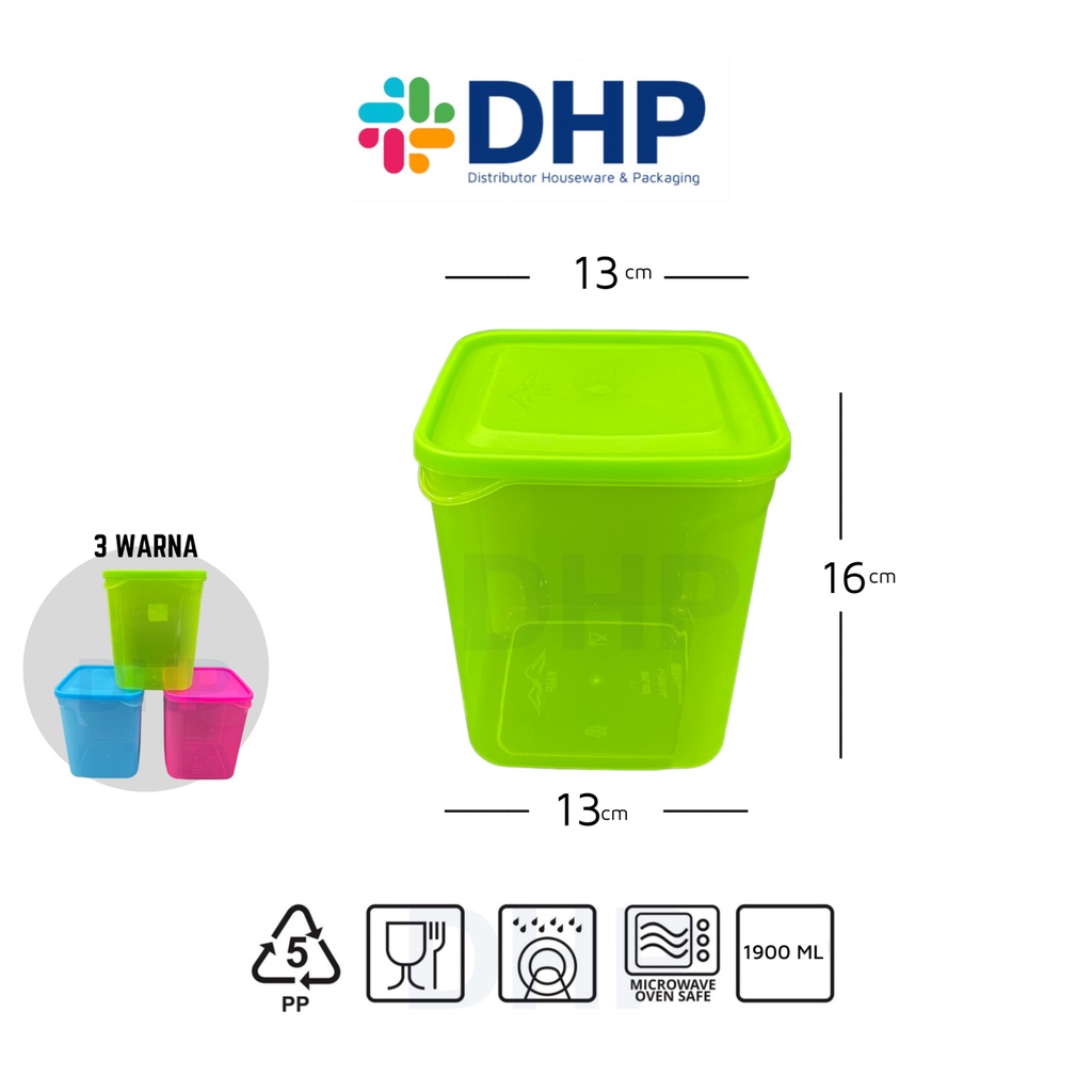 Toples Kotak 1900ml (13x13 h:16) Warna Plastik Wadah Serbaguna Penyimpanan Makanan