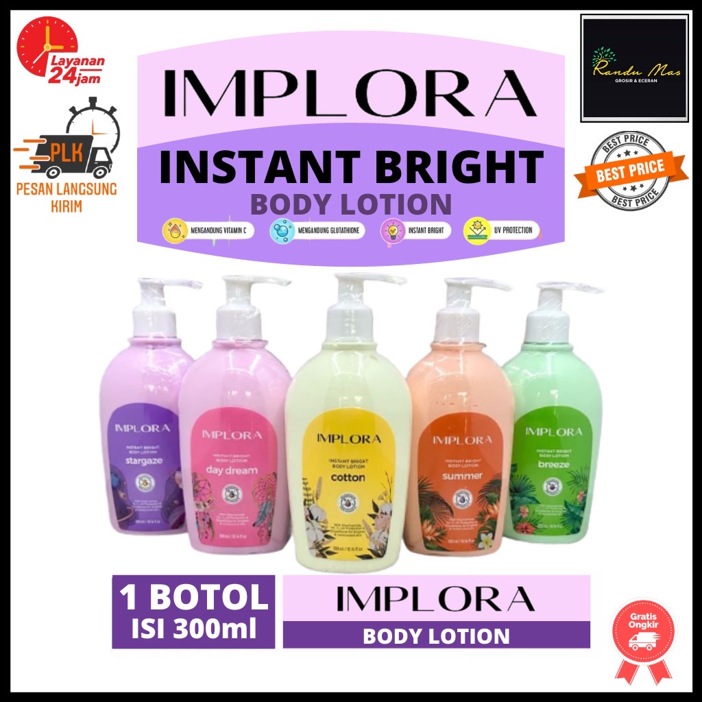 IMPLORA Instant Bright Boody Lotion 300ml | Cotton | Stargaze | Day Dream | Dazzling | Niacinamide | Vitamin C | UV Protection | Melembabkan Kulit | BPOM