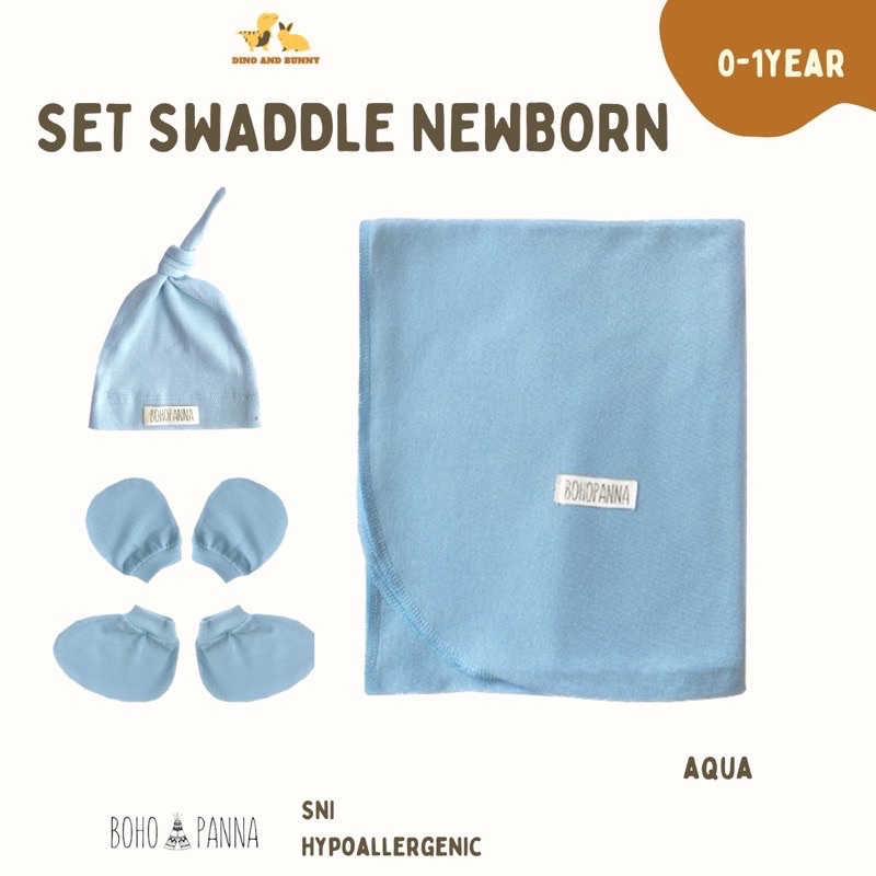 SET SWADDLE +  KNOT HAT + MITTEN BOOTIES + FREE POUCH - Special Bundle 3 in 1 - Bohopanna -Hempers Newborn Set Bedong Topi Sarung Tangan Kaki Bayi - Selimut Bayi