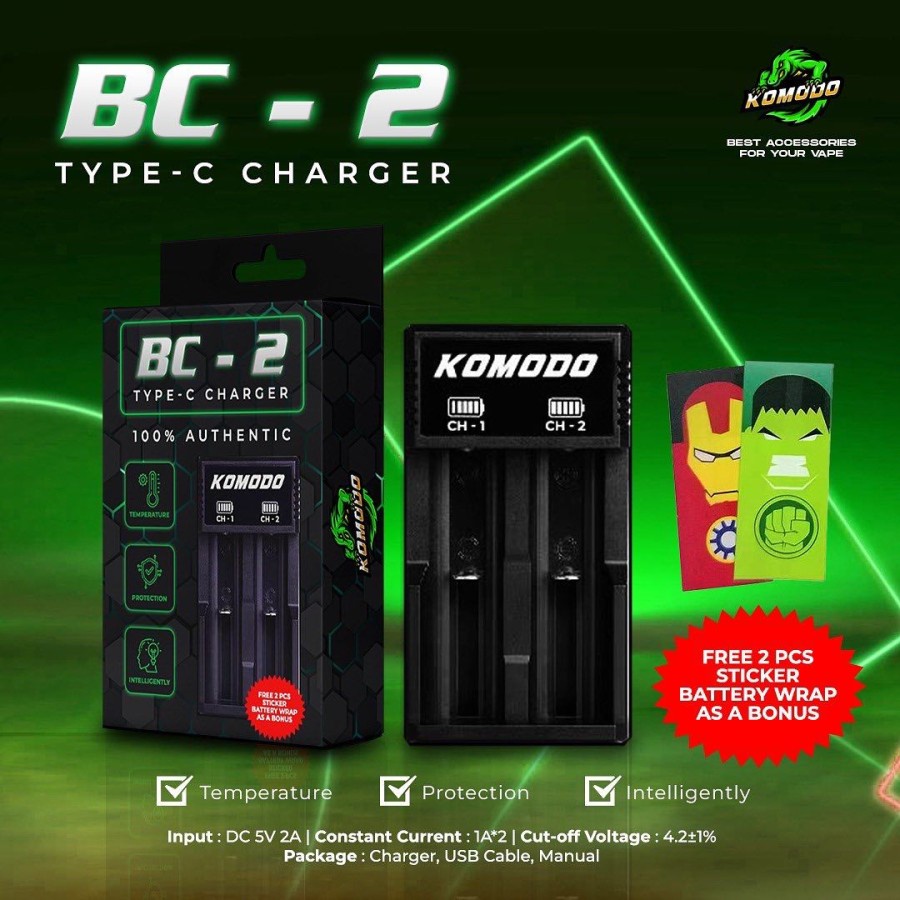 CHARGER BATERAI 18650 2 SLOT KOMODO BC-2 AUTHENTIC 100%