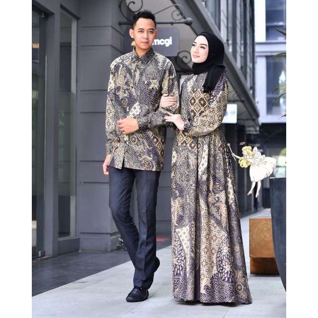 SETELAN BAJU COUPLE PASUTRI BATIK MUSLIM COUPLE LONG DRESS KEMEJA AKO SRIKANDII