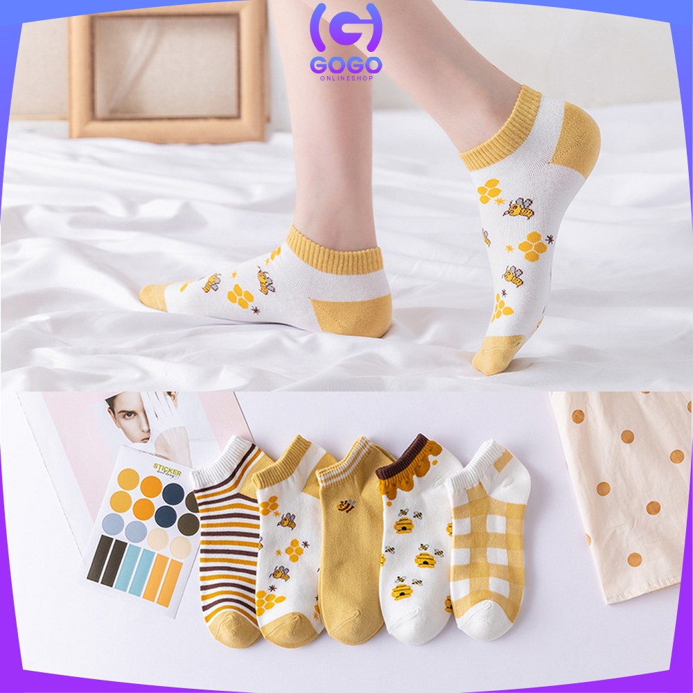 GOGO-P188 Kaos Kaki Pendek Wanita Motif Kuning Lebah Gaya Korea / Kaus Kaki Semata Kaki Wanita Dewasa / Bee Ankle Sock Fashion Korean Style