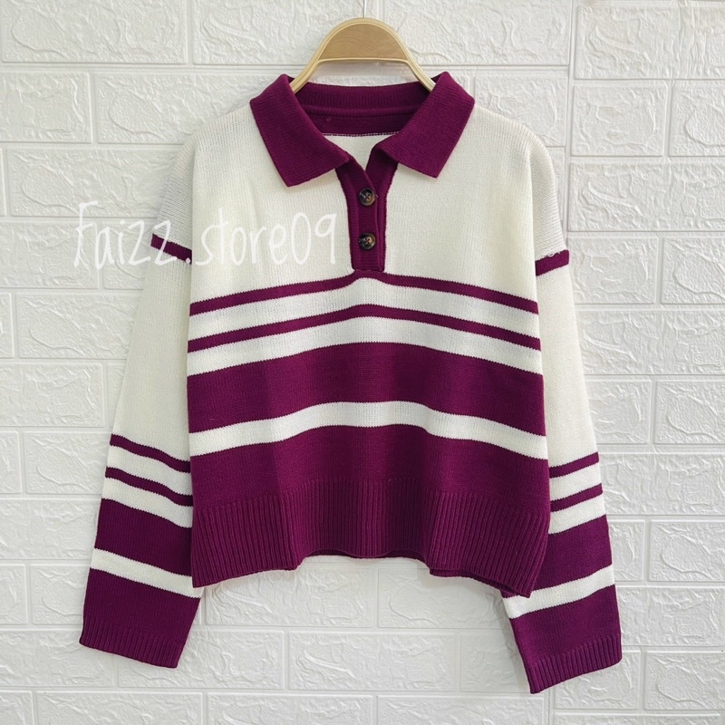 PEPONI Sweater Rajut Oversize Kerah Polo Kancing Stripe Premium Korean