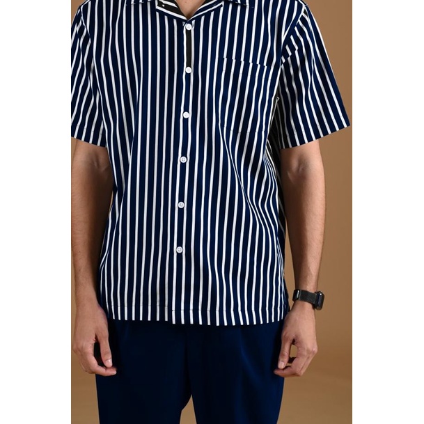 KEMEJA PREPP STUDIO SHORT STRIPE SHIRT DUAL COLLAR STYLE NAVY - S