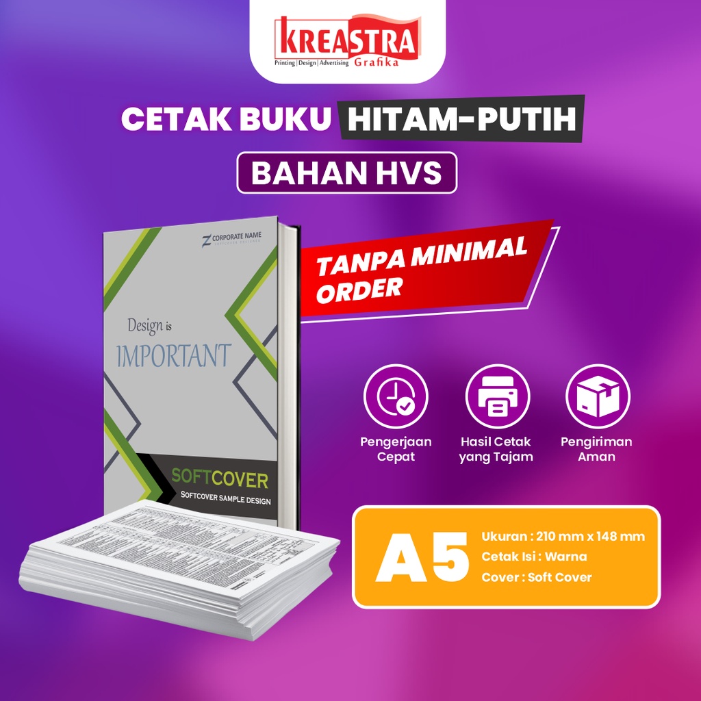 

Jasa Cetak Percetakan Buku Ukuran A5 Isi Hitam Putih Bahan HVS Sampul Soft Cover
