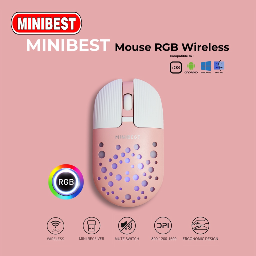 [MB] MN-B398 Pink Mouse Wireless Bluetooth 1600DPI dengan Receiver USB untuk PC Laptop