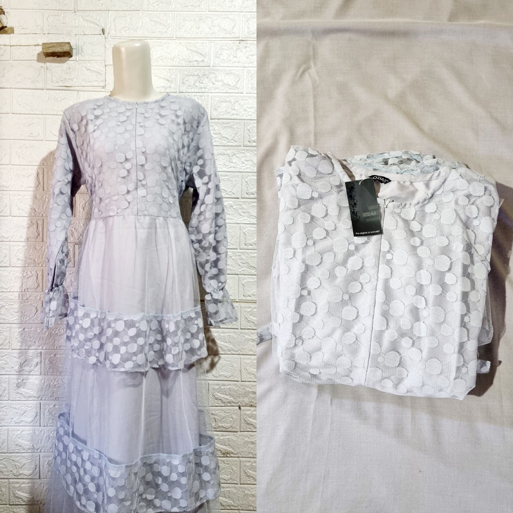 Gamis Dress Pesta Lebaran By OZIAS Original Brukat Tile Dot Busui Friendly Warna Abu Silver