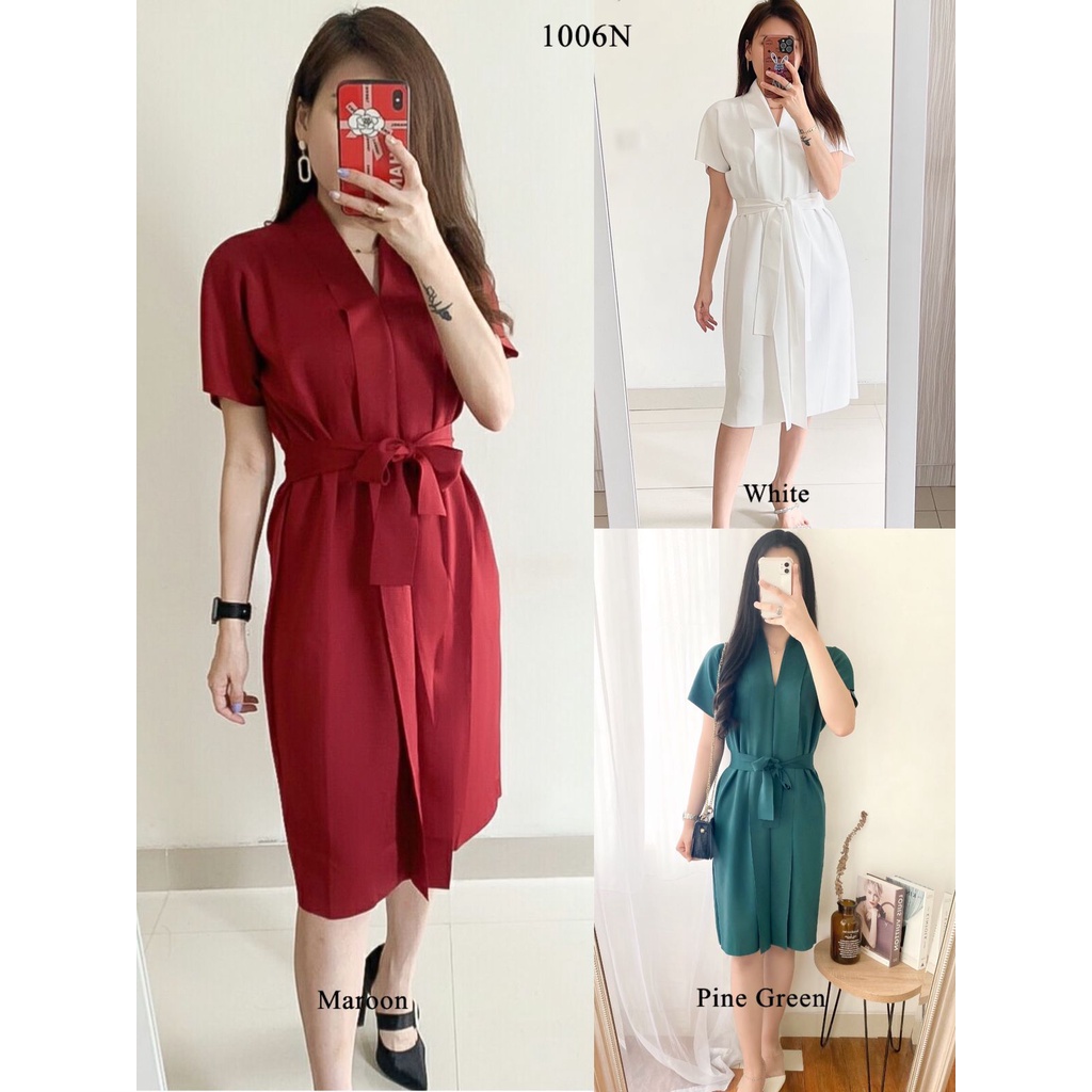 EVELYN MIDI DRESS MERAH PUTIH HIJAU WARNA NATAL V NECK LENGAN PENDEK MODEL LURUS