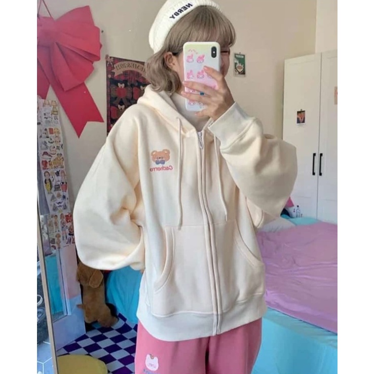 CACHO BEAR ZIPER HOODIE WANITA - SWEATER JAKET WANITA SLETING KOREAN STYLE