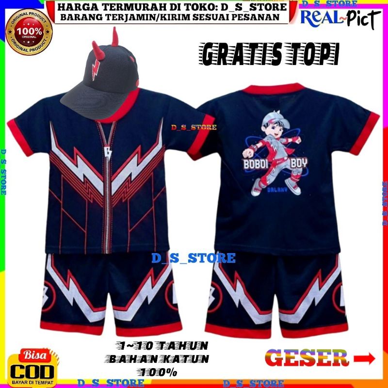 SETELAN BAJU ANAK BOBOIBOY HALILINTAR GRATIS TOPI/ KOSTUM BOBOIBOY/SET LENGKAP TOPI