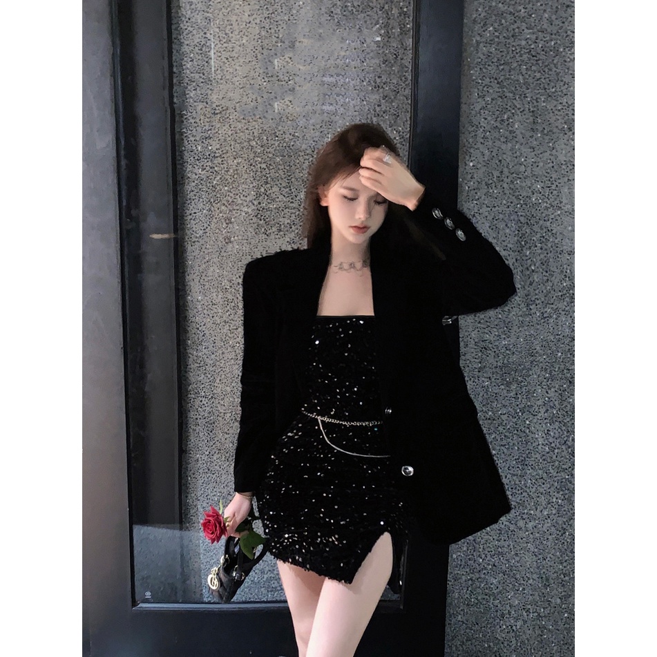 Suhao hitam high-end suit jas musim gugur payet tube top dress split wanita Prancis temperamen paket rok pinggul