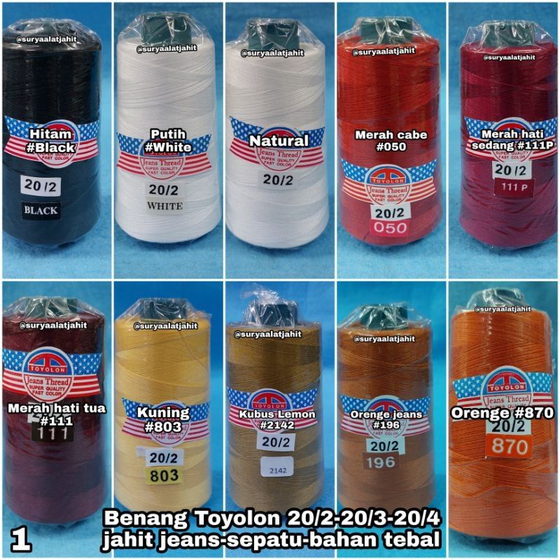 Benang Toyolon 20/4 jahit jeans kulit, bahan tebal 1pak @1/2 lsn =rp.69.500/1/2lsn