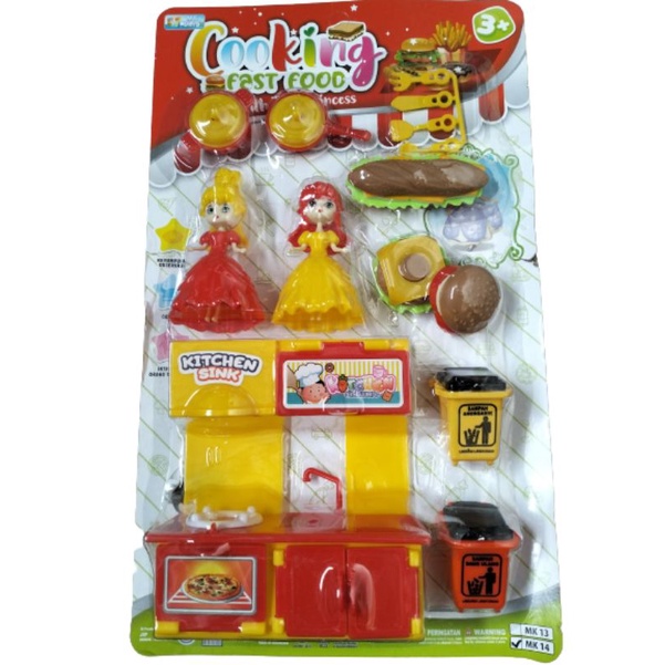 MK 14 mainan anak edukasi kitchen princess / mainan dapur memasak plus 2 boneka dan burger