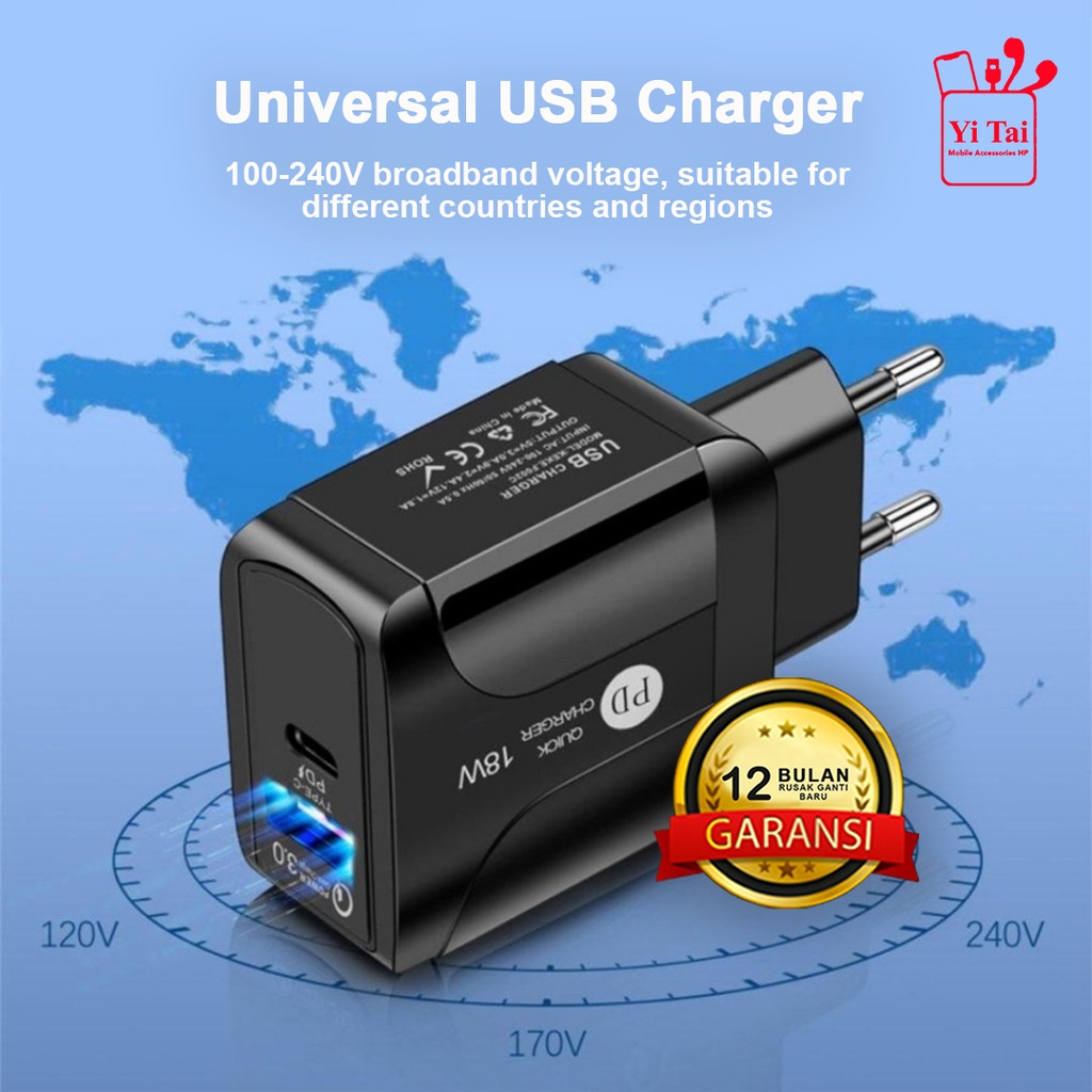 CHARGER DUAL PORT USB QC3.0 &amp; TYPE C PD18W QUICK CHARGER YI TAI PD001 - BC