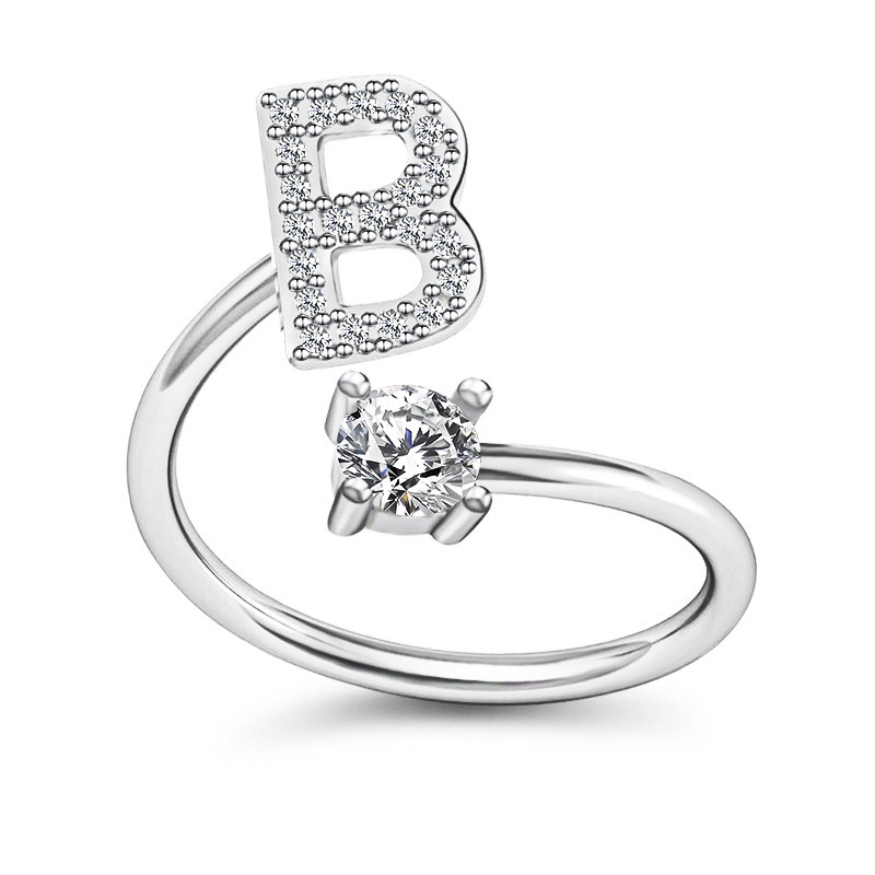 Korea Sederhana Surat Liar Berlian 26huruf Inggris Terbuka Adjustable Cincin Halo Perhiasan Gadis-B