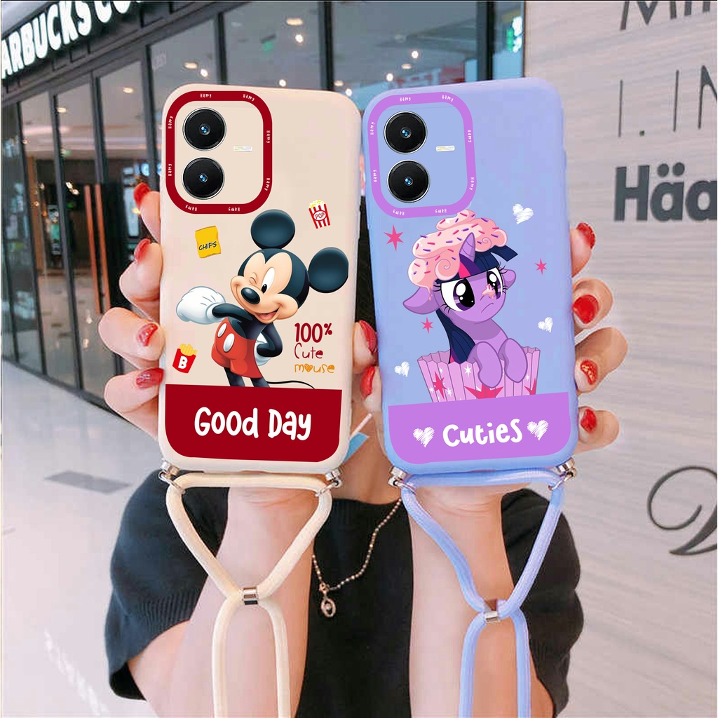Softcase Macaron Kartun Lucu + Tali Sling Vivo Y22 2022 Y35 2022 Y16 Y15S Y75 T1 5G Y21 Y33S Y12S Y2
