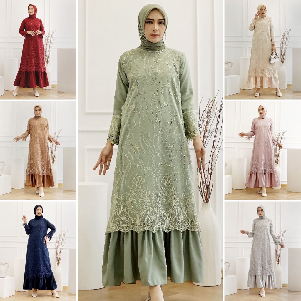 Gamis Pramitha SIZE S M L XL XXL XXXL JUMBO BIGSIZE/  Brukat Tille Maxi Dress Gamis Pesta Rempel Pesta Lebaran Kondangan Tulle Premium !!