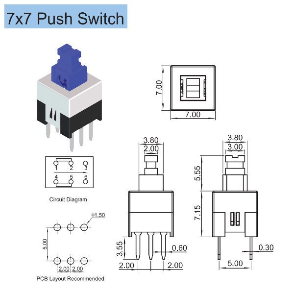 Tombol Self Lock Saklar Switch Push Button On Off 7 x 7 Mm 6 Pin Kaki Self Locking No Lock