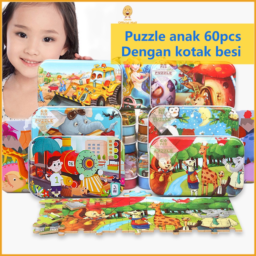 Poney 60PCS Puzzle jigsaw kayu mainan edukasi Wooden toys Kotak kaleng