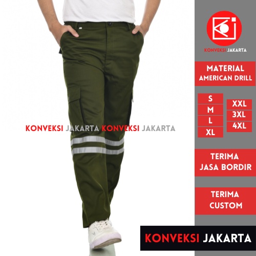 Celana Wearpack Safety K3 Proyek Tambang Pria Wanita - Celana Pakaian Seragam Werpak Kerja Bawahan Scotlite Lapangan Warna Hijau Army