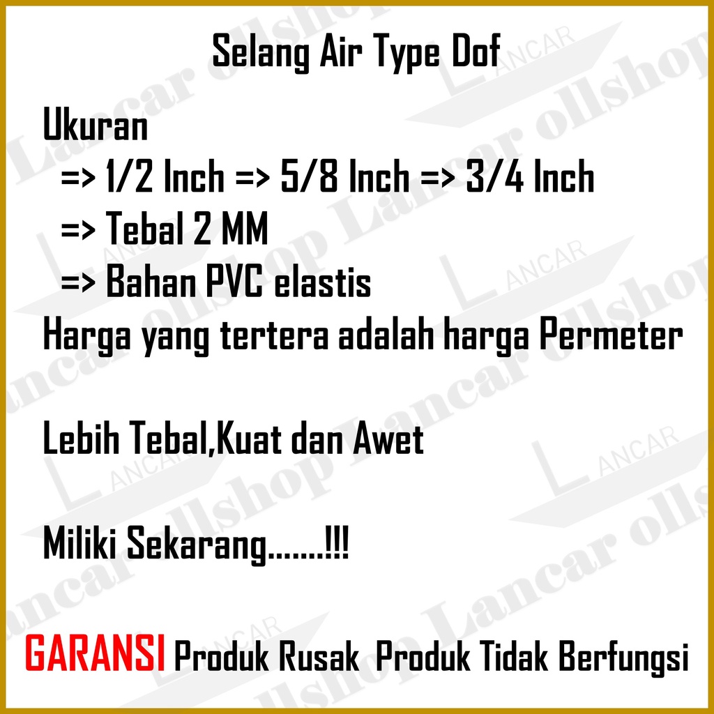 Selang Air Tebal Type Doff 1/2 5/8 Inch Slang Per Meter Murah