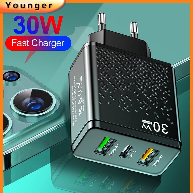 Adapter Charger 2 Port Usb Tipe-c 30W 5V 2.4A Fast Charging Plug US / EU / UK Untuk Iphone / Tablet