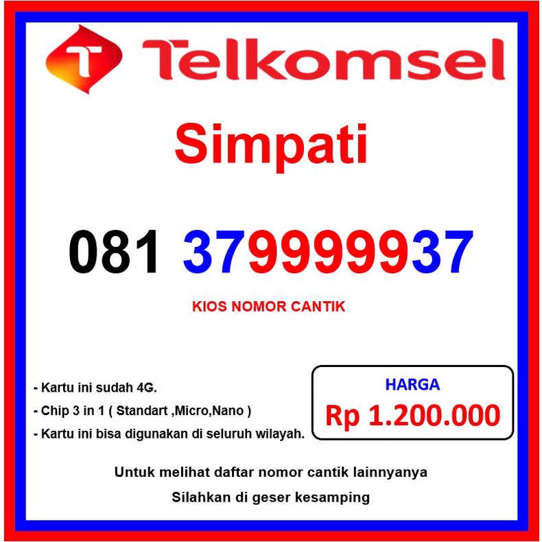 nomor cantik simpati 99999 kartu perdana telkomsel nomer cantik seri panca 081379999937 4g lte limit