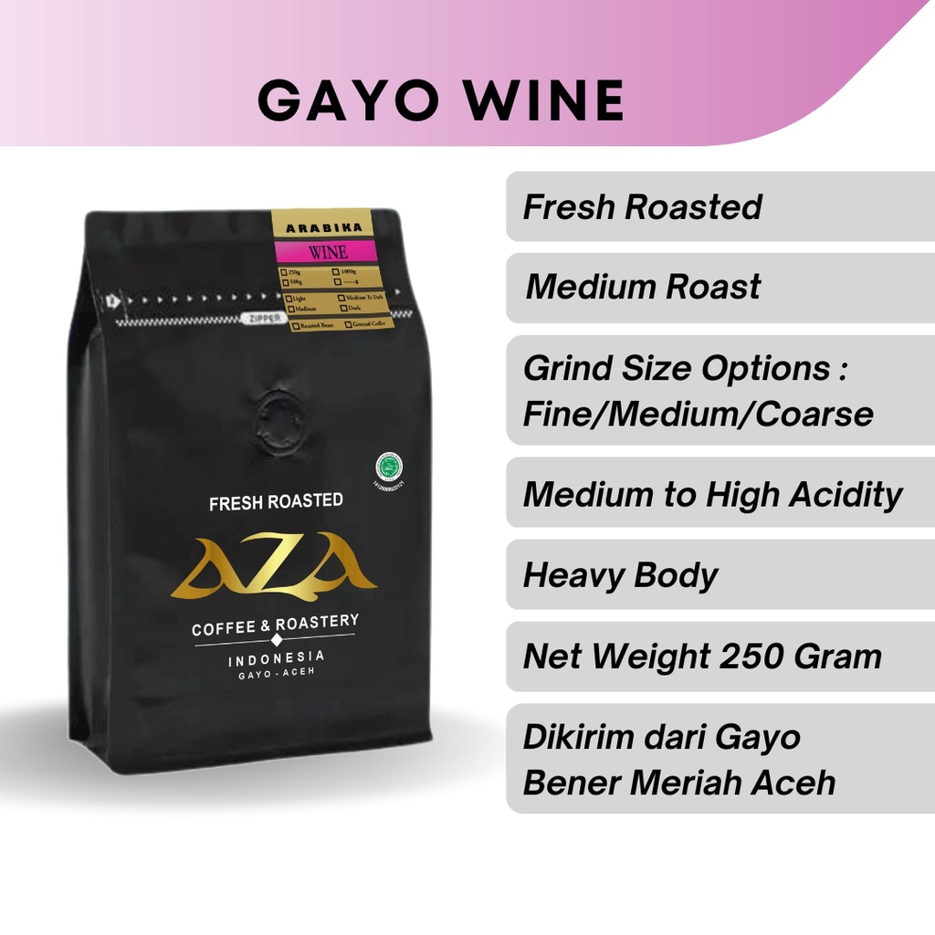 

Aza Coffee Kopi Arabika Aceh Gayo Wine 250g Bubuk Single Origin Coffe Powder Biji Roasted Beans