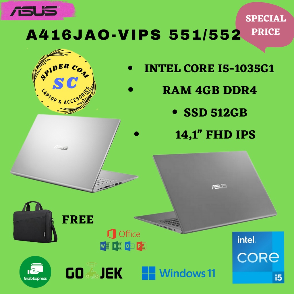 ASUS A416JAO-VIPS552|I5-1035G1/4GB/SSD 512GB/14,1' VIPS/WIN 11+OHS